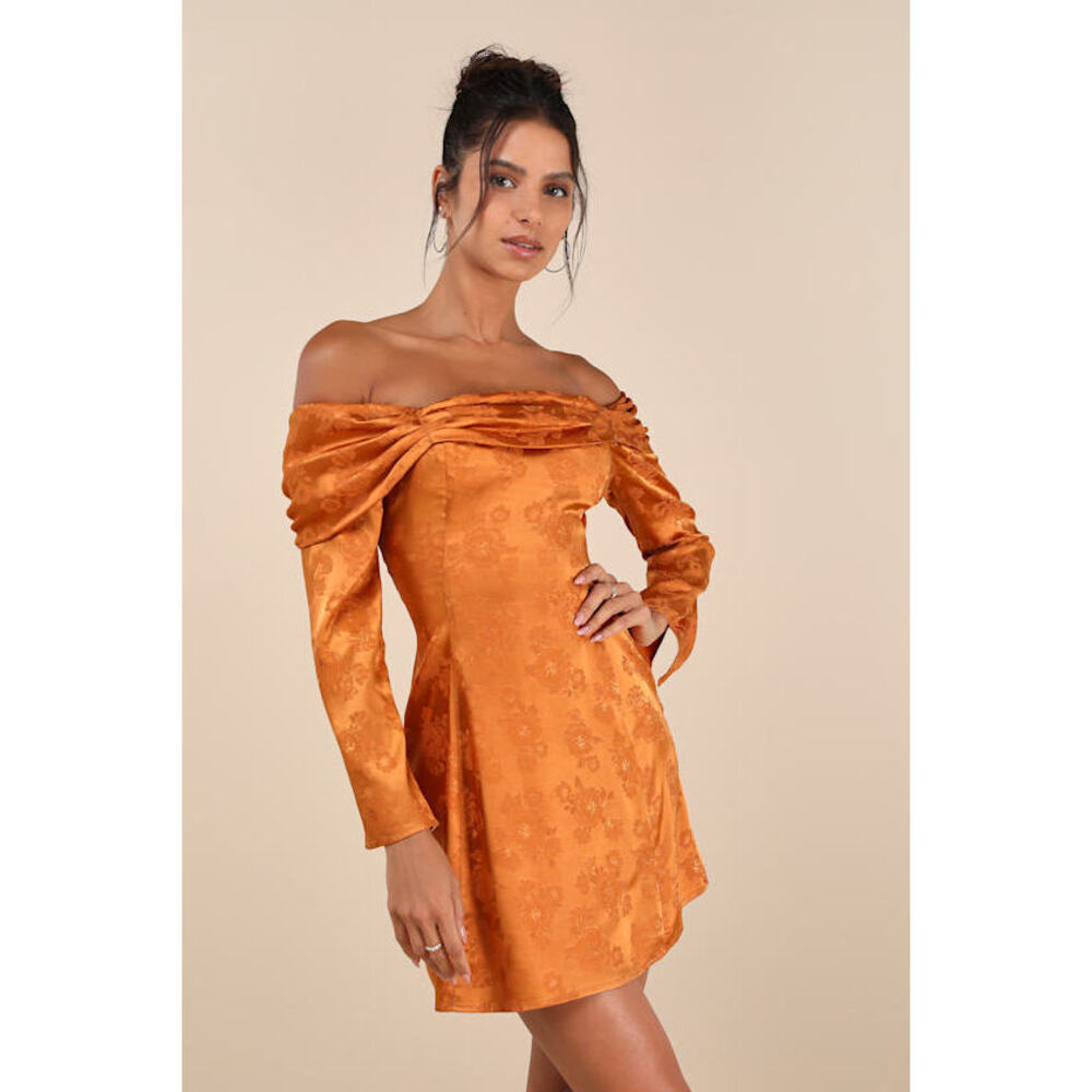Lulus Truly Yours Copper Satin Jacquard Off-the-shoulder Mini Dress Orange